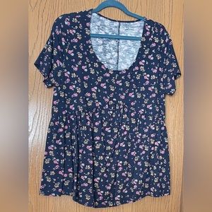 Navy Blue Floral Babydoll Top Size 14-16 EUC